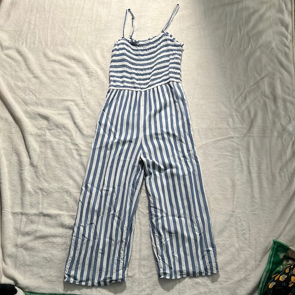 Abercrombie Kids, blue and white striped long romper, 11/12